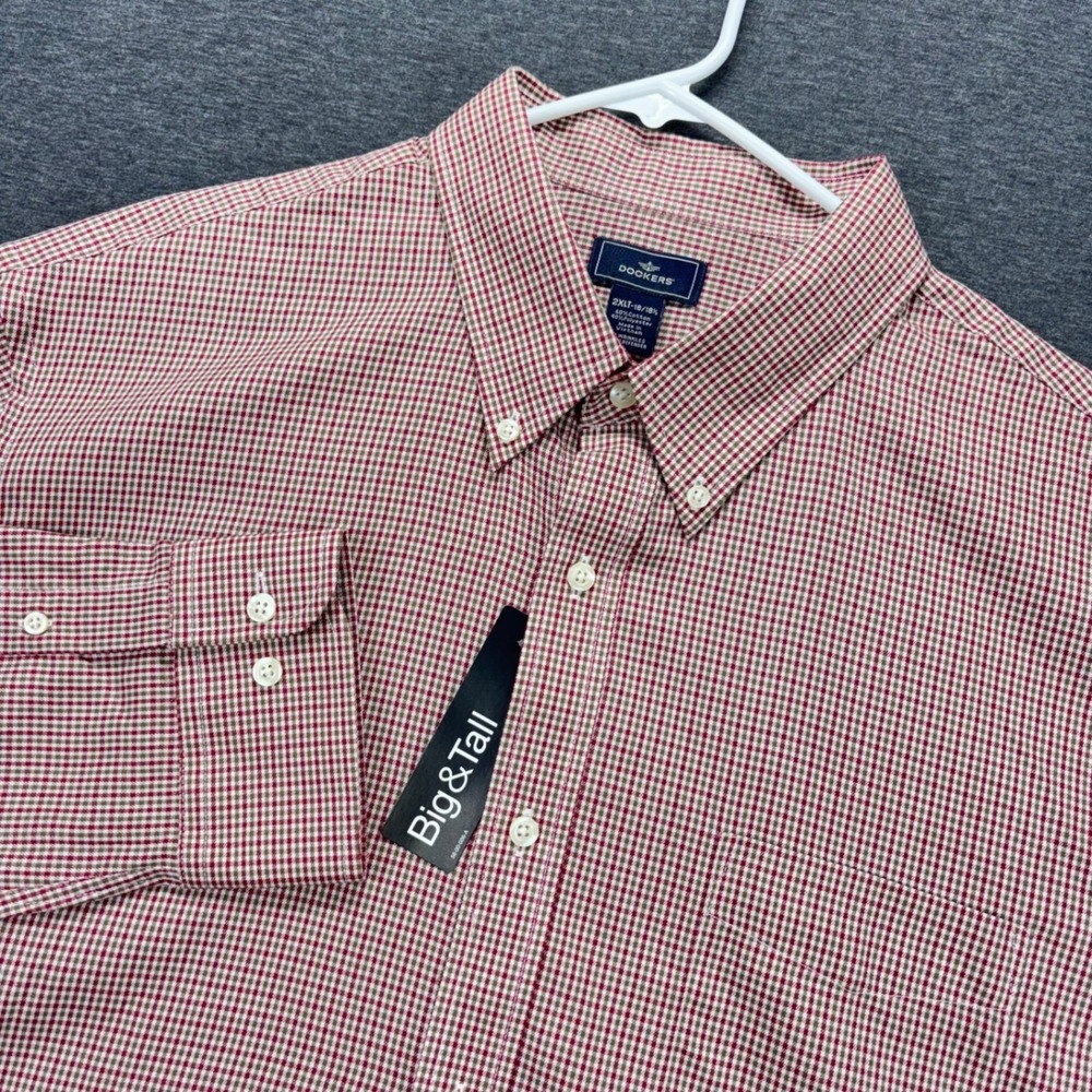 Dockers Shirt Mens 2XLT Button Down Long Sleeve Red Brown Check Cotton Blend NEW